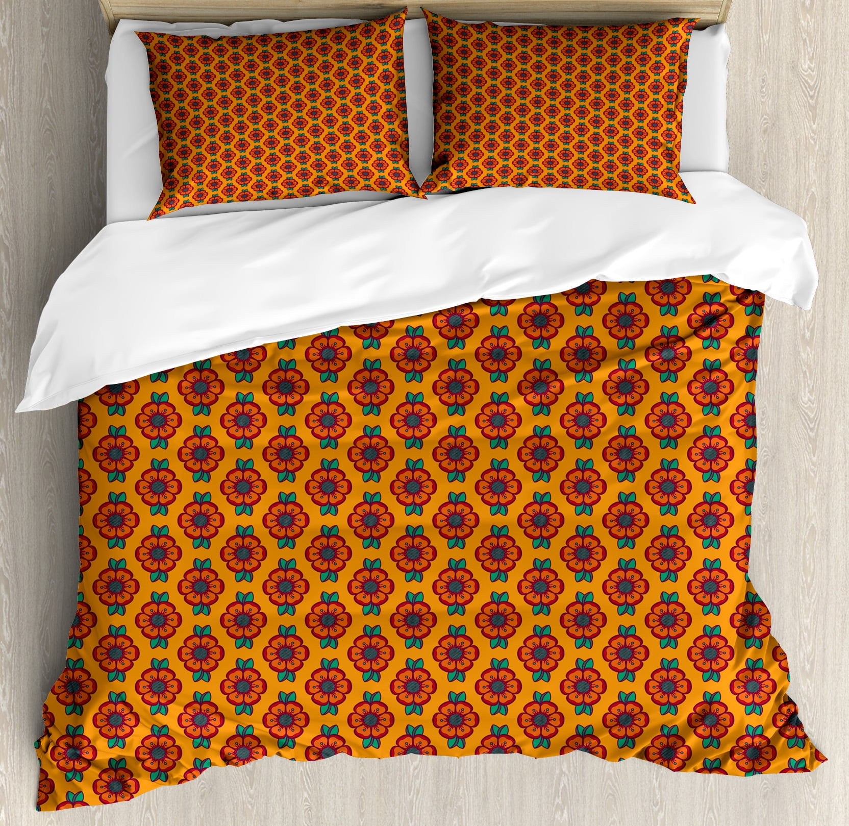 Burnt Orange King Size Duvet Cover Set, Abstract Flourishing Nature