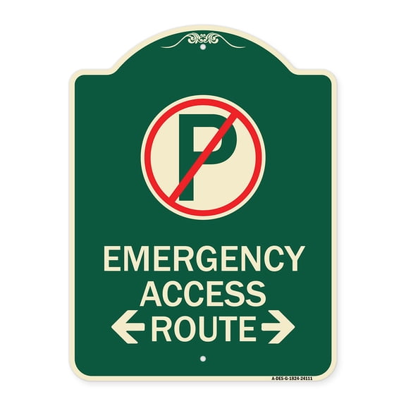 SignMission Designer Series Sign - Emergency Access Route (With Bidirectional Arrow) | Green & Tan 18" x 24" Heavy-Gauge Aluminum Architectural Sign | Made in the USA