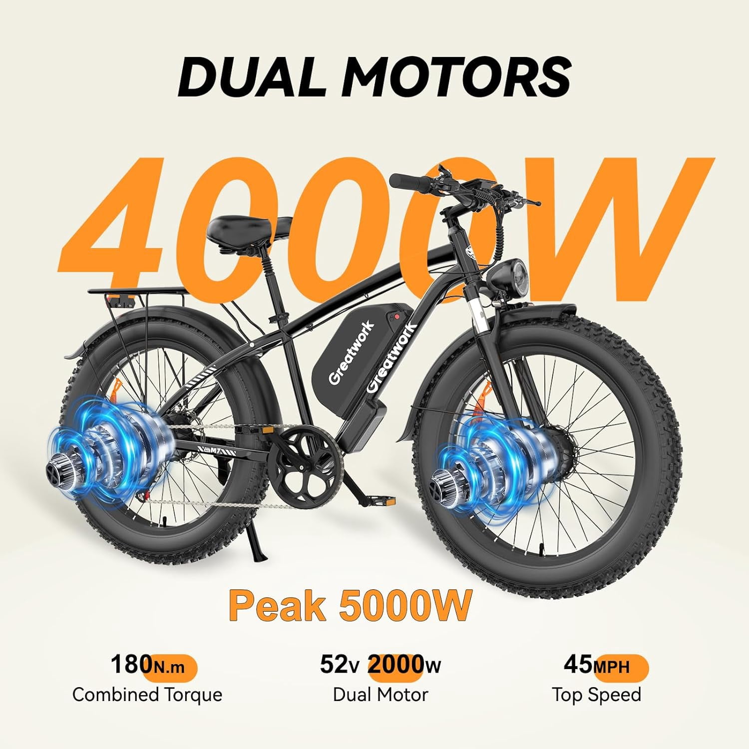 5000W Peak Electric Bike, 52V 25AH Ebike for Adults, Dual Motor AWD E-bike 45MPH 7-Speed ,100 Miles Range Mountain Bicycle with 26" Fat Tire UL2849
