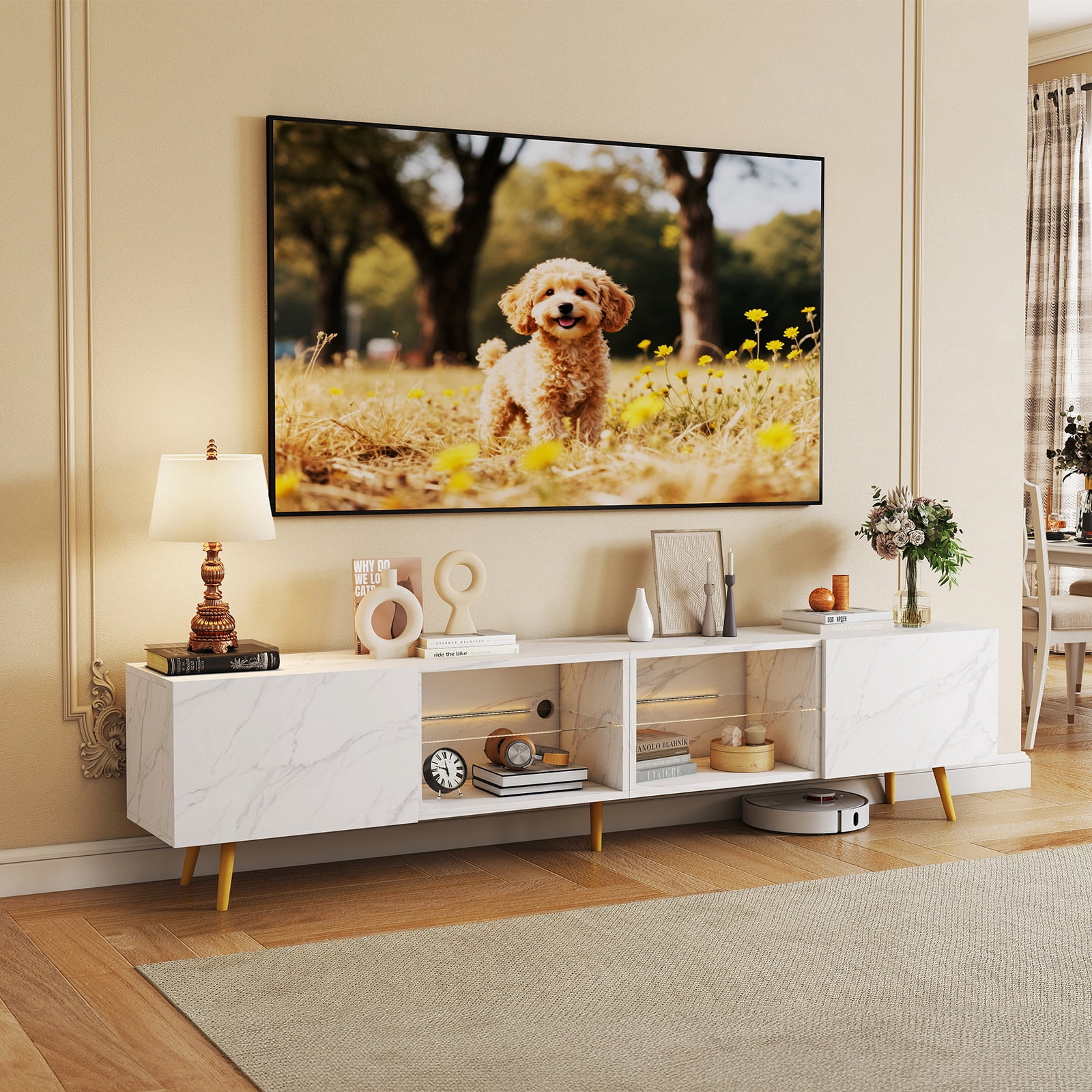 Bonzy Home 86" TV Stand, Television Console Table for 85" TV, Modern Entertainment Center with Storage Cabinets for Living Room