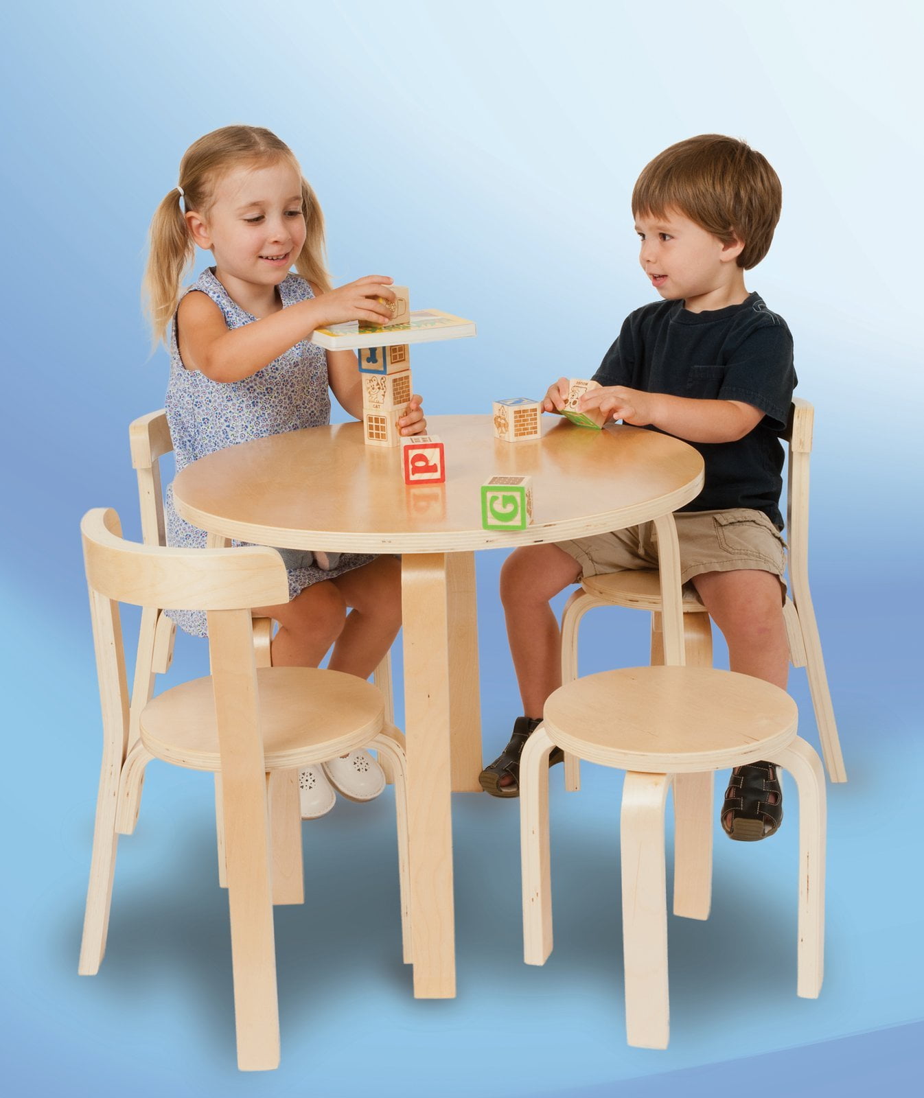 Cherry 100% Wood Kids Table and Chair Set Svan Play with Me Toddler Table Set with 3 Chairs and Adult Stool 