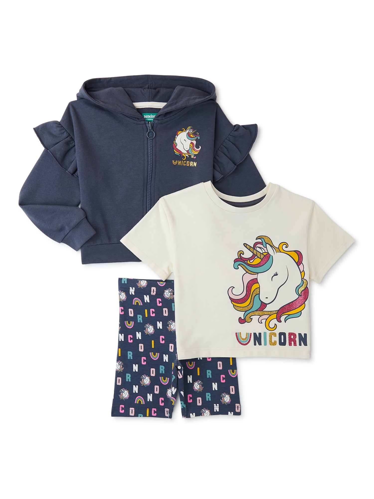 365 Kids from Garanimals Girls Hoodie, T-Shirt and Shorts Outfit Set, 3-Piece, Sizes 4-10
