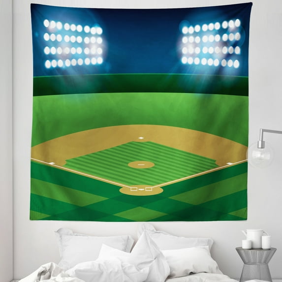 Sports Tapestry, Cartoonish Scene of Stadium with Heavy Spots and Fild Match Game Baseball Themed, Fabric Wall Hanging Decor for Bedroom Living Room Dorm, 5 Sizes, Multicolor, by Ambesonne