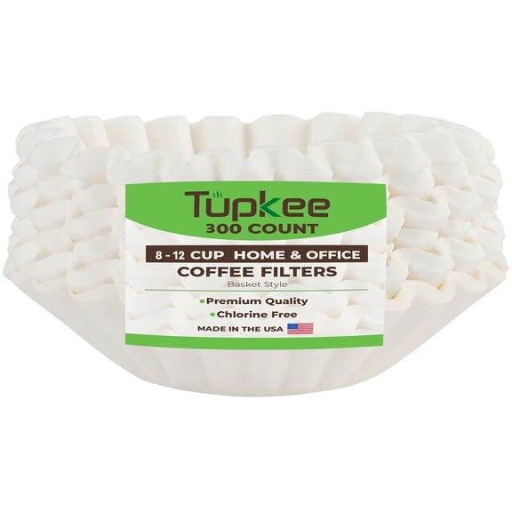 Tupkee Coffee Filters 8-12 Cups - 300 Count, Basket Style, White Paper, Chlorine Free Coffee Filter, Made in the USA