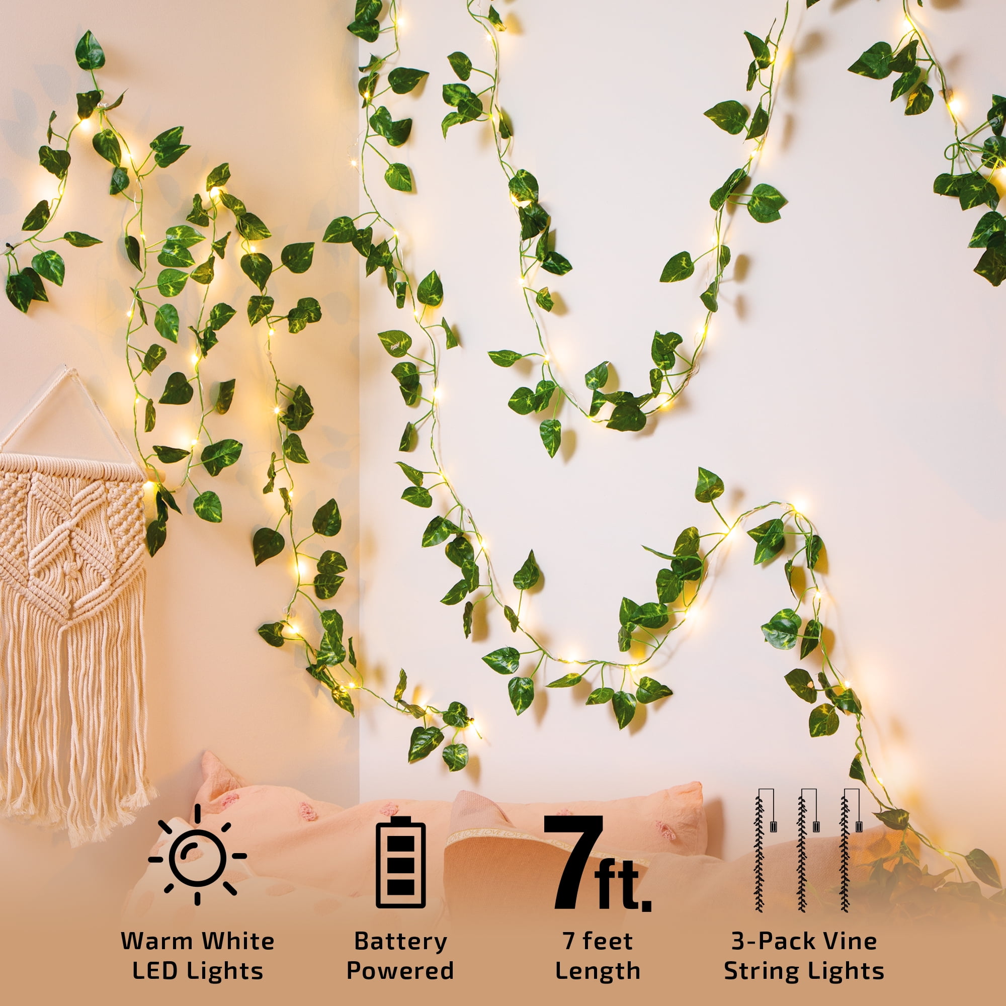 BrightSide 3-pack LED Ivy Garland Lights, 7ft Faux Vines, Warm White LEDs,  Battery Operated 