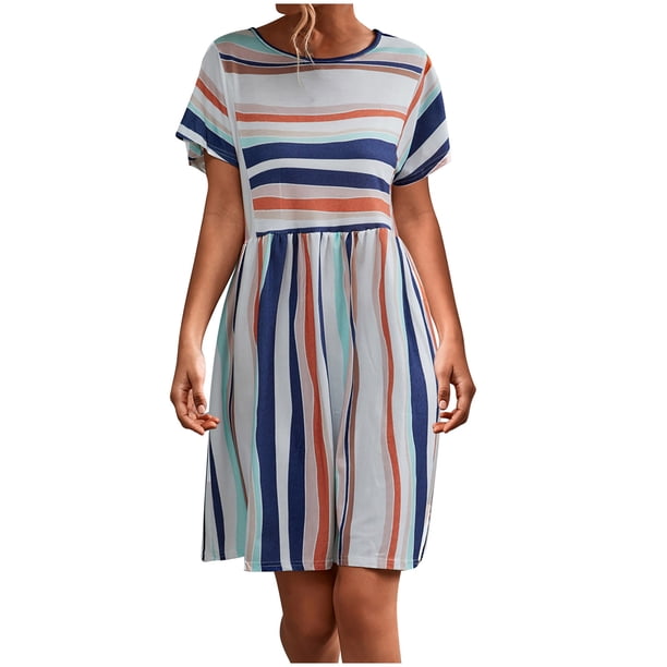 Falda corta suelta de manga corta con cuello redondo y estampado de rayas de verano para mujer a la moda Pompotops ghjkhdj11472