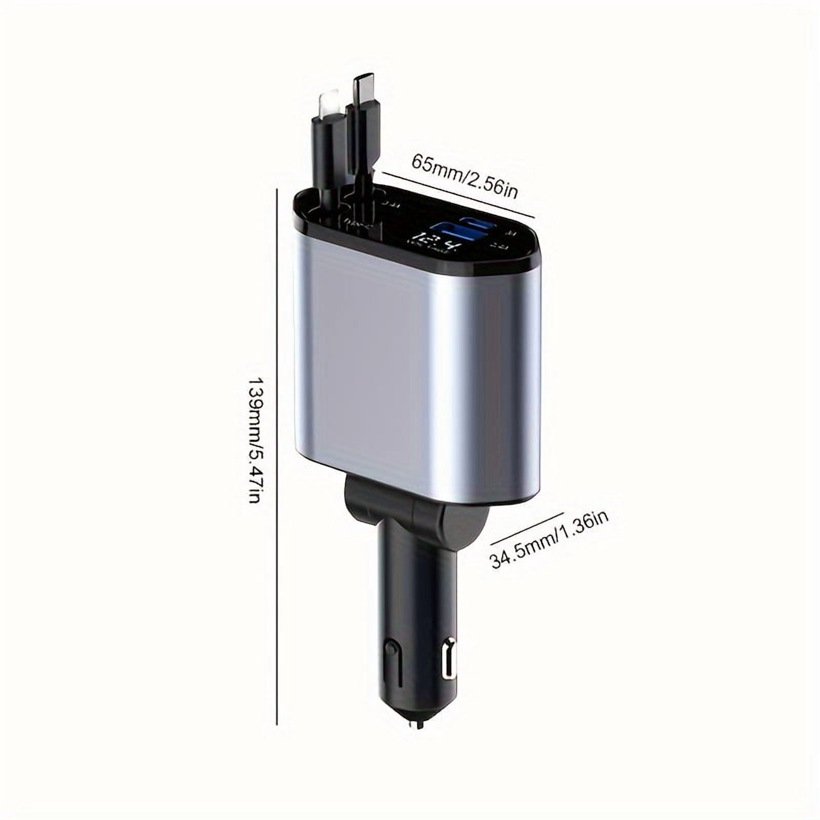 Retractable Car Charger 4in 1 Fast Car Phone Charger, Type C/IOS Car Charger Adapter with 2X Retractable Phone Charger Cables And 2X USB Ports for iPhone 15/14/13/12 Max, Samsung S24/S23, Smartphon