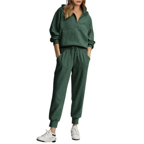 Y2K Fall Sweatsuit for Women Lounge Tracksuit 2Pcs Outfits Set Long Sleeve V Neck Lapel Half Zip Sweatshirts Tops and Joggers Sweatpants Sets with Pockets