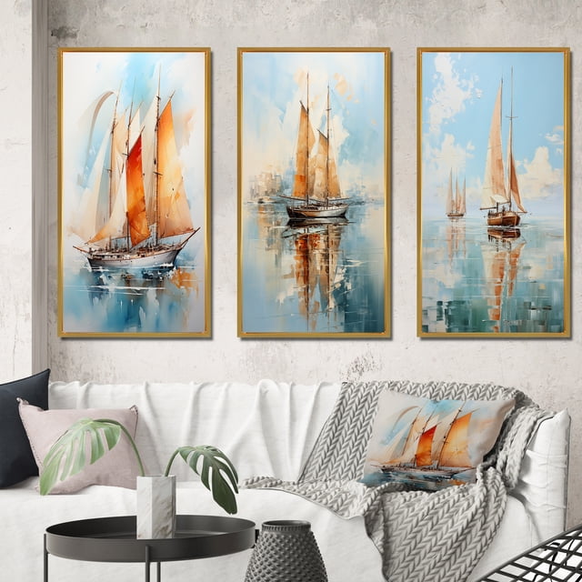 Designart "Watercolor Sails Sailboat" Nautical & Beach Framed Wall Art Set Of 3 - Multi-Color Boat Sailing Frame Gallery Set For Office Decor