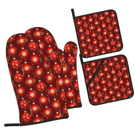 

Fotbe Christmas Red Balls for 4Pcs Oven Mitts and Pot Holders 500℉ Heat Resistant Oven Mitts Non-Slip Silicone Surface Safe for Baking Cooking BBQ