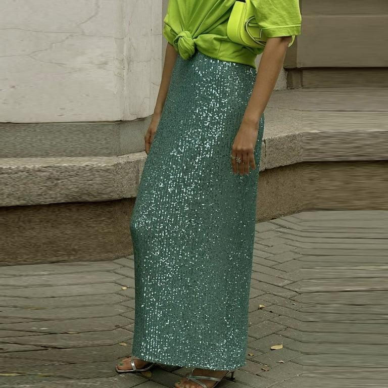 Women's Sequin Maxi Skirt Glitter Bodycon High Waist Long Skirt - Main Image
