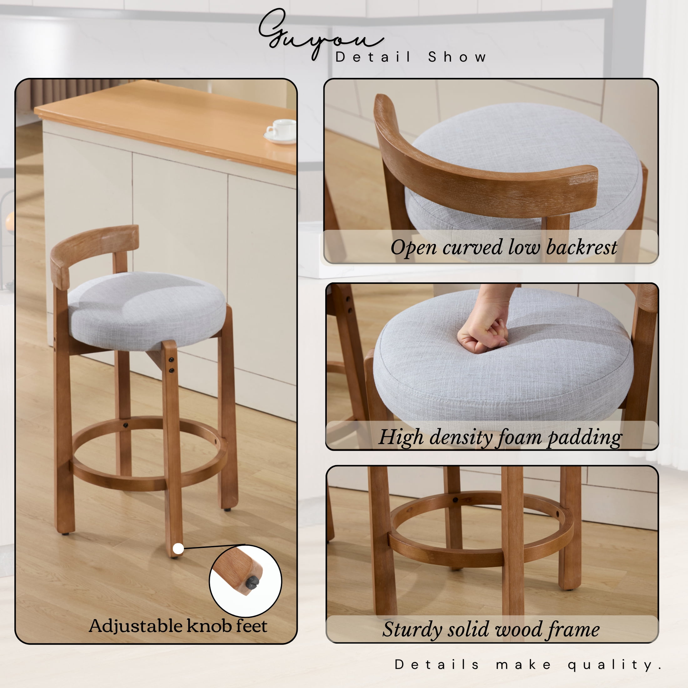 Guyou Counter Height Stools Set of 2, Mid Century Modern 27" Armless Island Bar Stools with Curved Back and Wooden Frame, Round Kitchen Stools with Footrest for Restaurant Bar Kitchen Island, Grey
