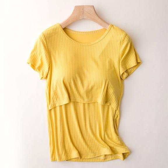 BLTIBY Pregnant Maternity Breastfeeding Tops for Women Womens Short Sleeve Nursing Clothes Solid Color Breastfeeding Blouse Top Yellow XL