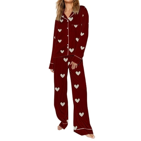 VISALY Valentine s Pajamas for Women Heart Parinted Button Down Sleepwear Lounge Set Nightwear Soft Warm Pajamas Lightweight Pajama Sets Night Pajamas Soft Pajama Set Nightwear Brick Red Xxl