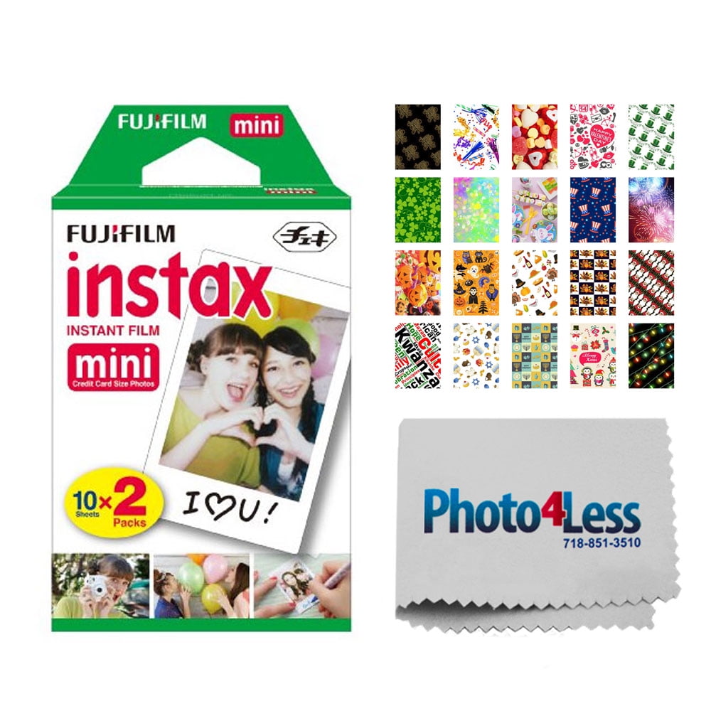 Fujifilm instax mini Instant Film (20 Exposures) + 20 Sticker Frames for Fuji Instax Prints Holiday Package + Photo4Less Cleaning Cloth – Deluxe Accessory Bundle