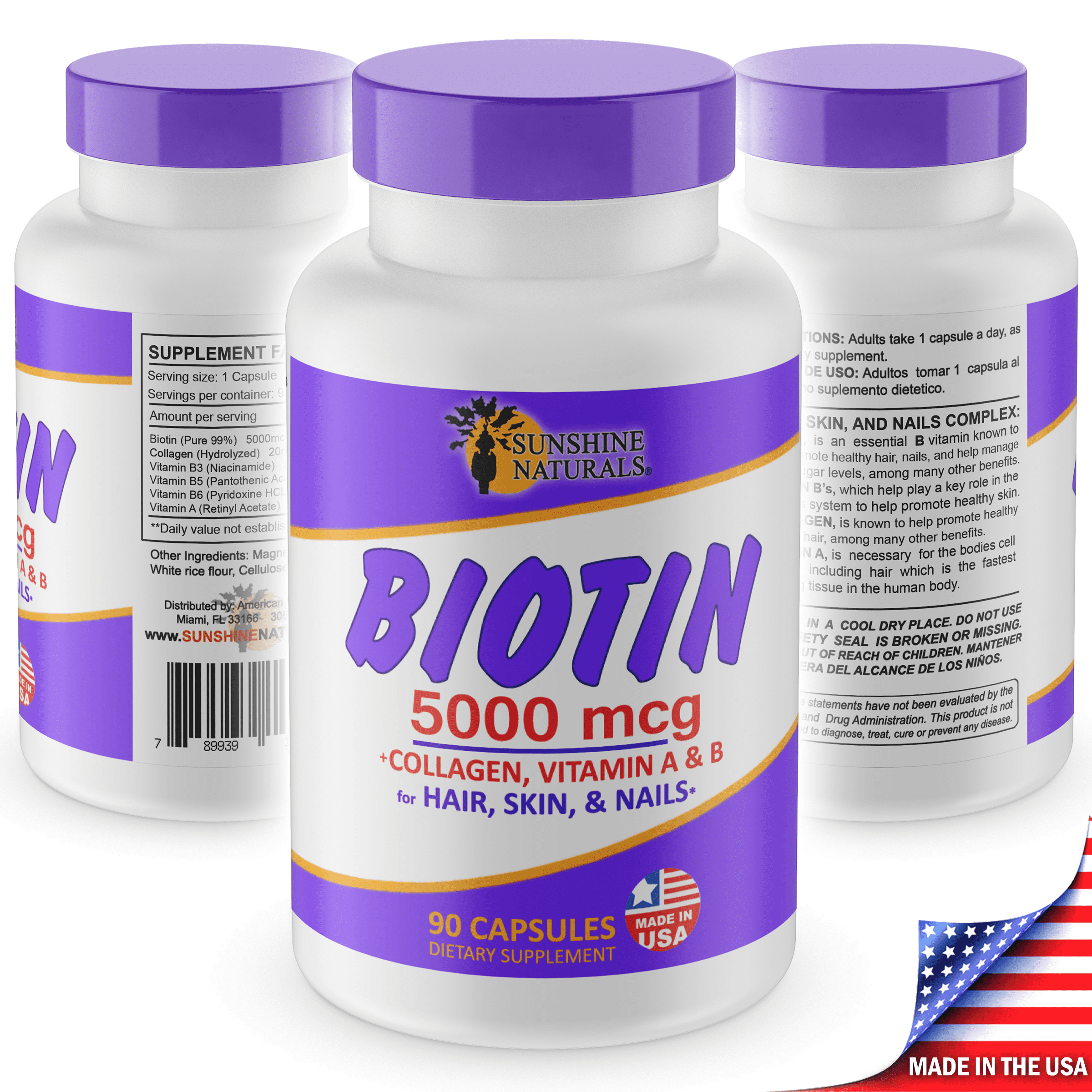 Sunshine Naturals Biotin 5000 mcg plus Collagen for Hair, Skin, and Nails, 90 Capsules