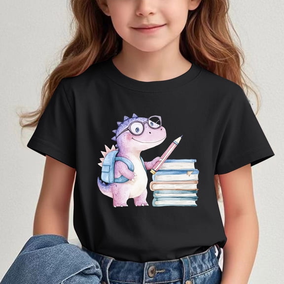 Spazoro Big Boys Girls Shirts Tee, Crew Neck Graphic T-Shirts Short Sleeve Dinosaur Print Casual Summer Tops for Unisex Black Size 3 T