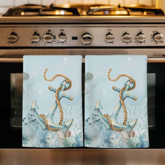 Nautical Anchor Kitchen Towels Set of 3, Coastal Ocean Coral Eucalyptus Leaves Absorbent Dish Towels for Kitchen, Microfiber Hand Towel, Quick Drying Tea Towel for Cleaning Decorative Dishcloths