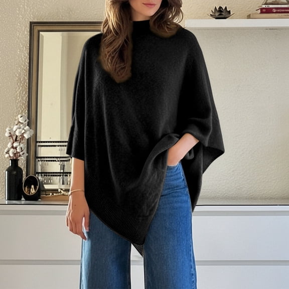 Women's Dolman Sleeve Poncho Top Crochet Knitted Loose Fit Pullover Sweater Fashion Women's Sweater (Black L)