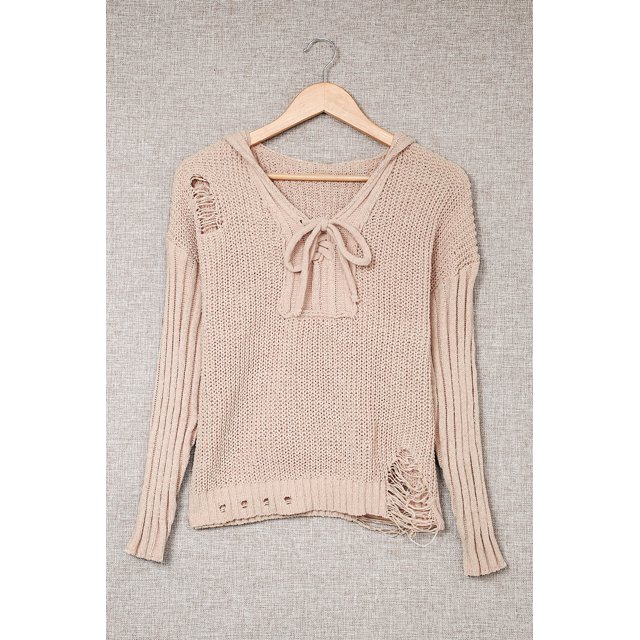 ABPHQTO Suéter holgado rasgado con cuello en V y cordones para mujer
