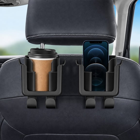 Car Seat Back Cup Holder and Hook Set of 2, 4-in-1 Vehicle Headrest Organizer with Phone Mount, Black