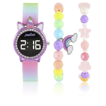 Justice LED Watch with Unicorn Case and Rainbow Strap w 2pc Bracelet Set (JSE40281WM)