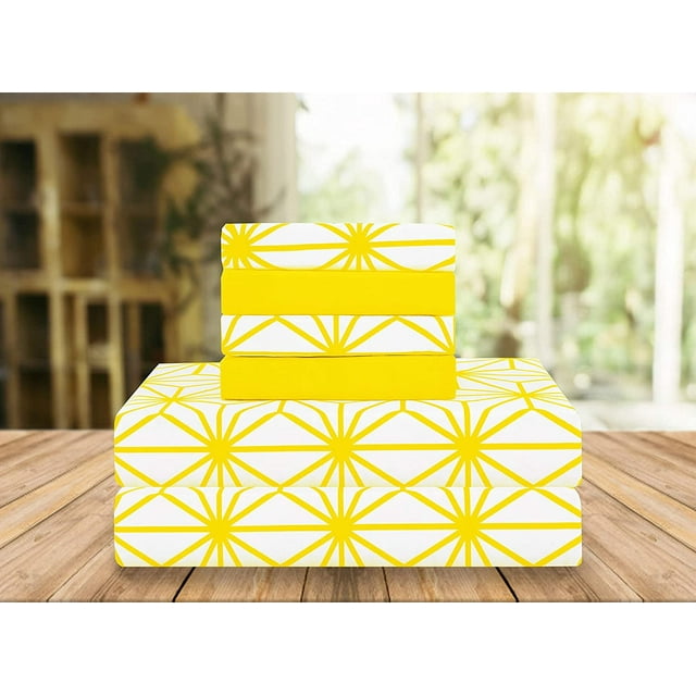 Mocassi Cube Pattern Collection 4-Piece Sheet Set, Deep Pocket 1500 Thread Count, Fade, Stain, and Wrinkle Resistant, Fitted Sheet with Smart Pockets, Cube Sheet Set, Twin XL, Yellow