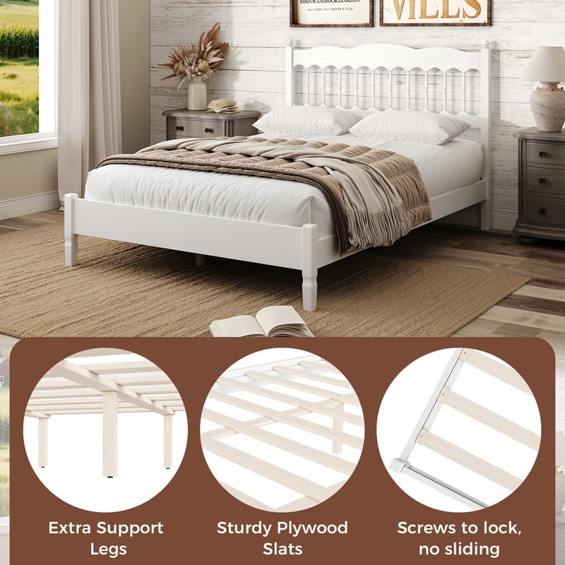 Full Size Retro Countryside Style Wooden Bed Frame with Spindle Headboard, Low Profile Platform Bed with No Box Spring Required