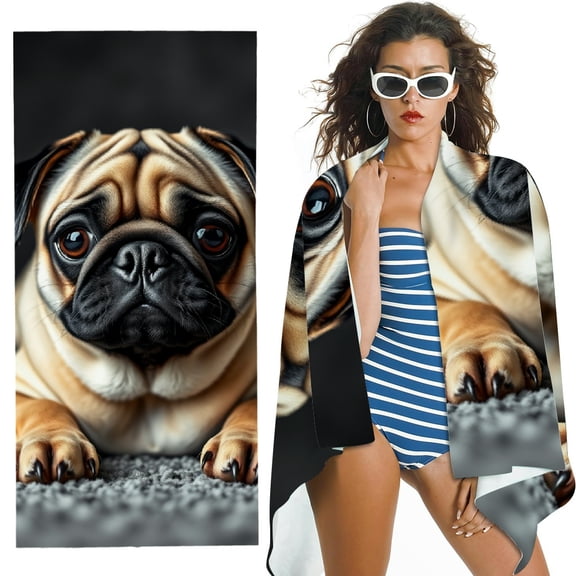 RKSupls Cute Pug Dog Microfiber Beach Towel, Extra Large Quick Dry Lightweight Absorbent Towel for Travel Swimming Camping, Soft Super Absorbent- 30x60 in
