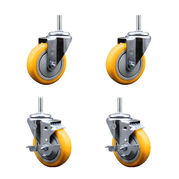 4 Inch Yellow Poly Wheel Swivel 5/8 Inch Threaded Stem Caster Set 2 Brakes