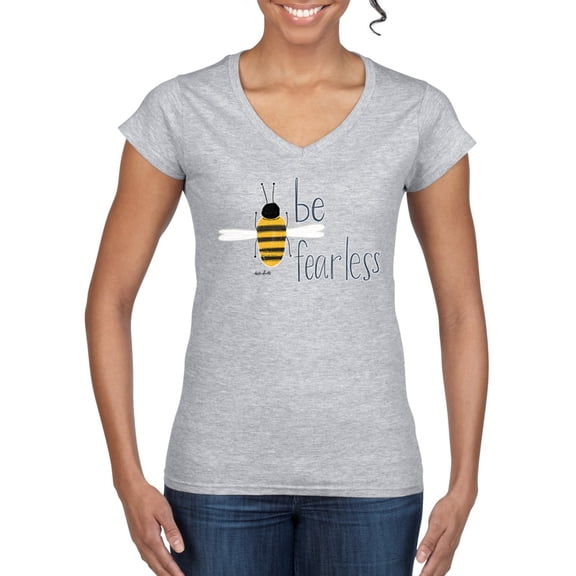 Be Fearless Buzzing Bee Pop Culture Women’s Standard V-Neck Tee, Heather Grey, Small