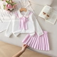 thumbnail image 5 of Girls Korean Style 3‑Piece Outfit Embroidered Bow Long Sleeve Blouse Striped Pleated Skirt with Sailor Shawl Fashion Preppy Set for Campus Outdoor Daily Casual Wear(Pink,3-4 Years), 5 of 8