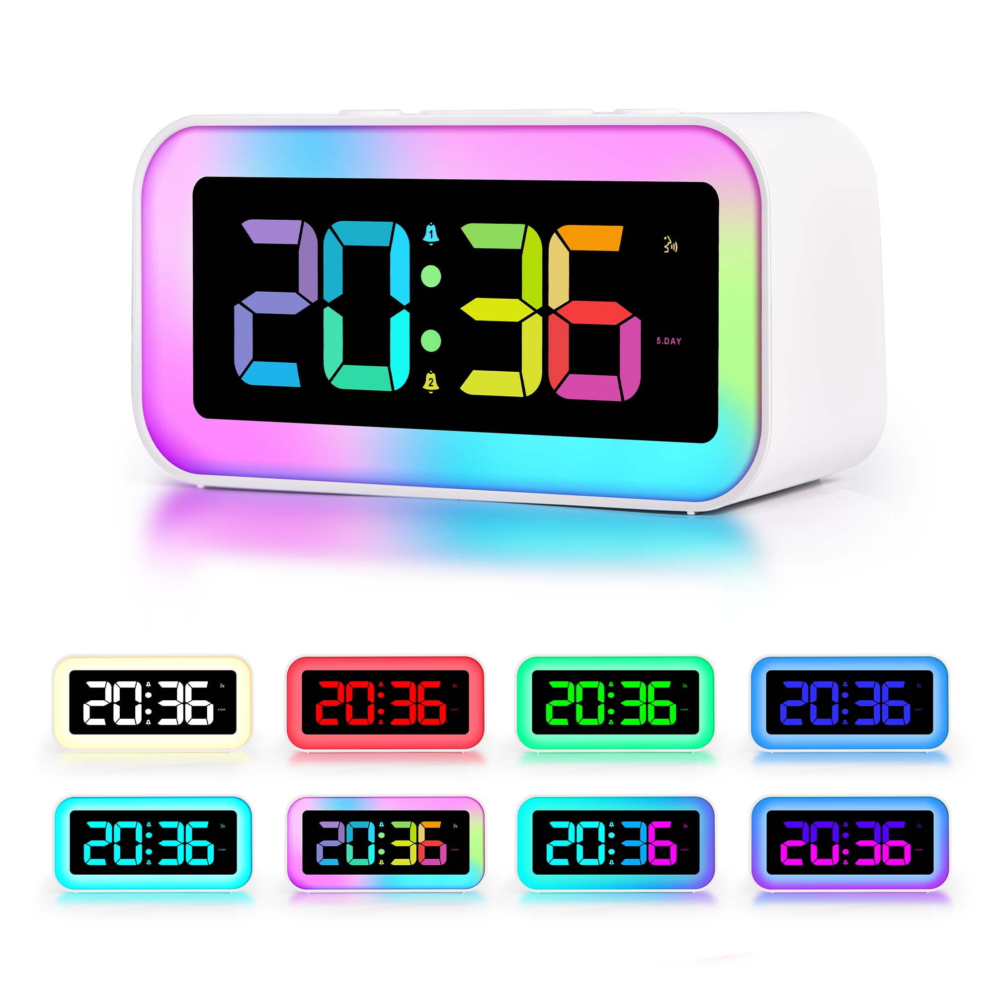 Loud Digital Alarm Clock with Dynamic RGB 8 Colors Night Light for
