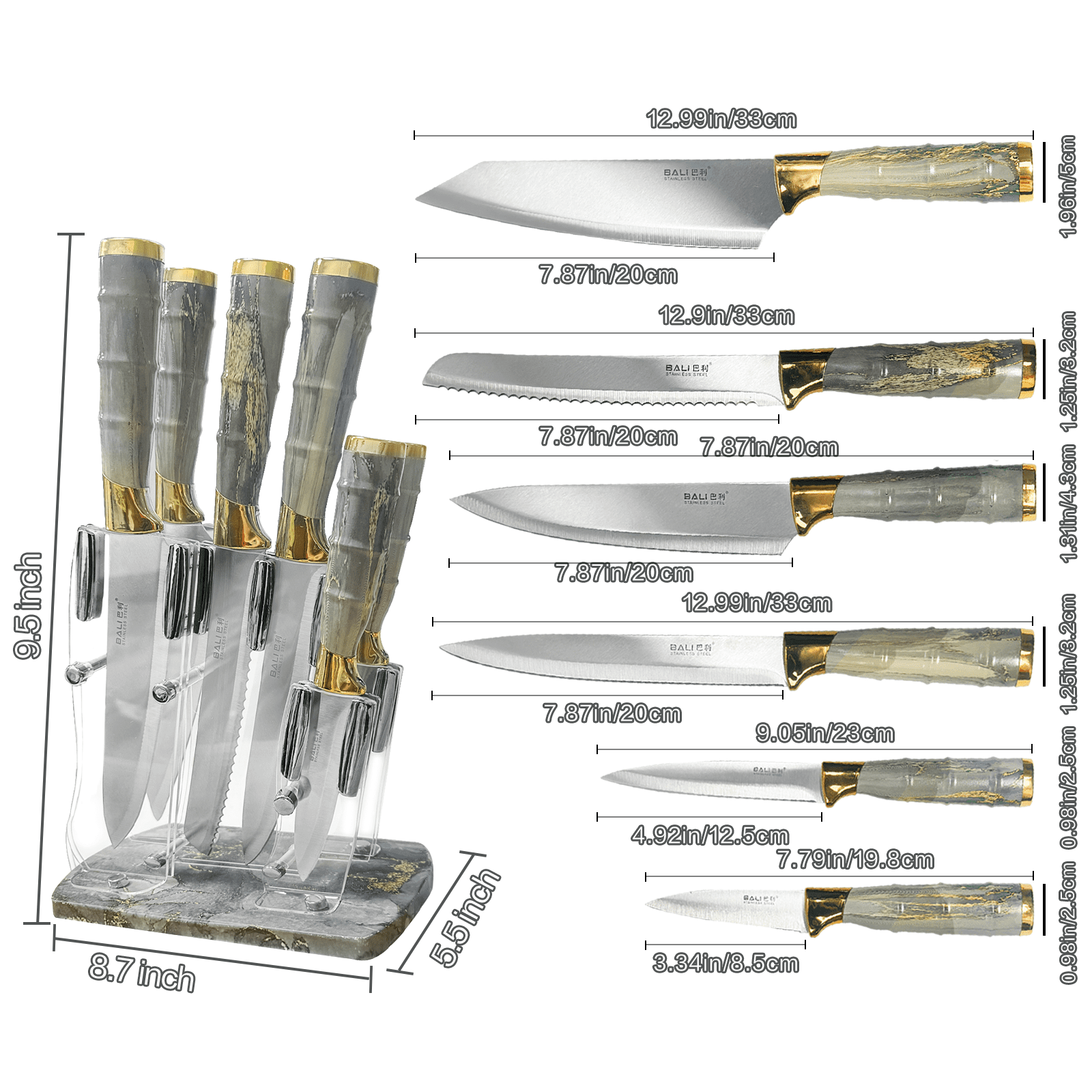 Kitchen Knife Set, 7PCS Kitchen Knives Set High Carbon Stainless Steel Sharp Knife, Knives Set for Kitchen with Ergonomic Handle-Grey