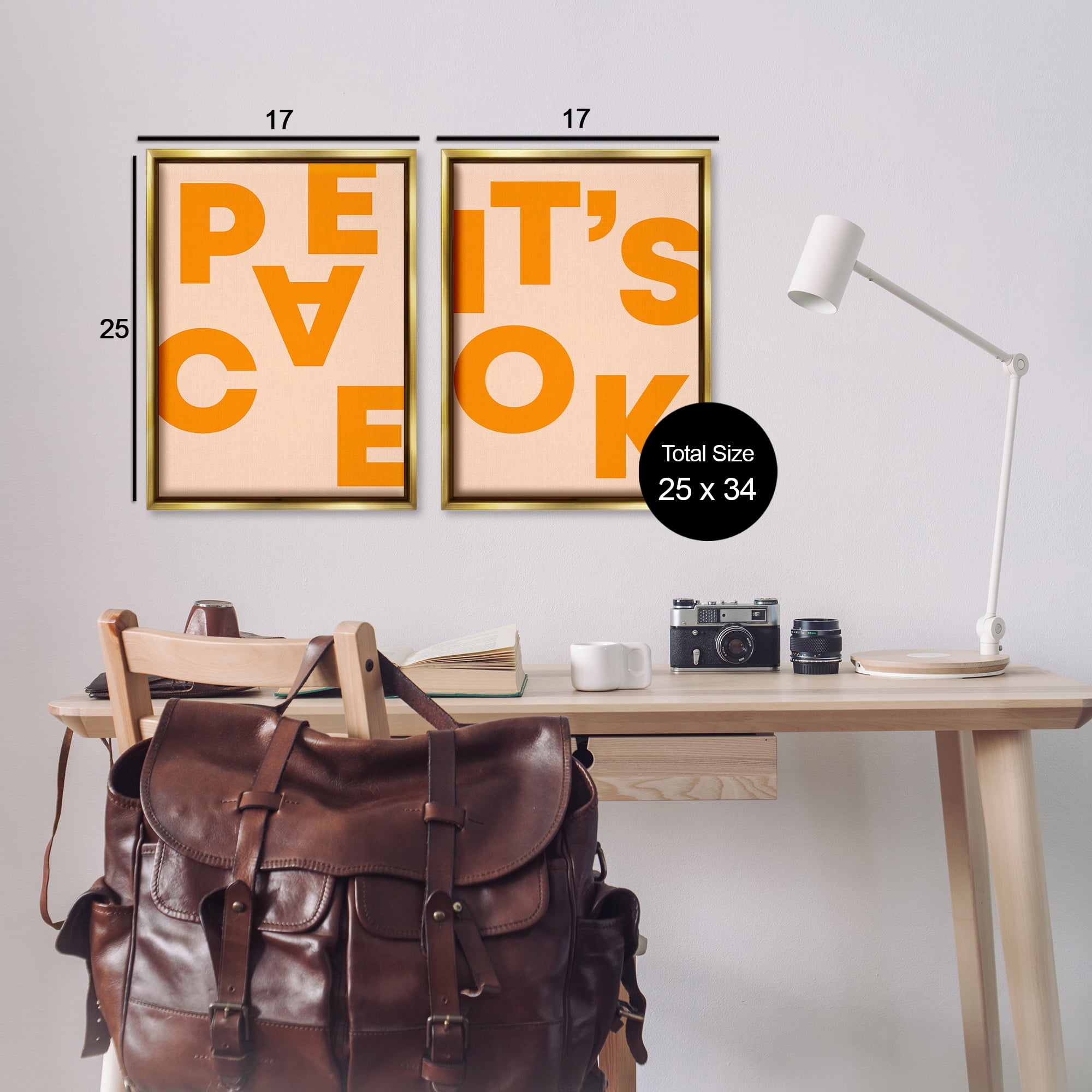 Stupell Industries Peace It's Ok Orange Text & Numbers Painting Gold Floater Framed Canvas Art Print Wall Art, 17 x 25, Set of 2