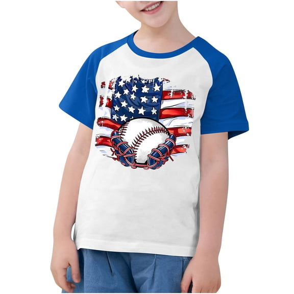 FamilyThread Children's Casual Loose T-shirt American Flag 4th of July Summer Comfortable Raglan Sleeve Casual Short Sleeve Round Neck Top For 3-13Y