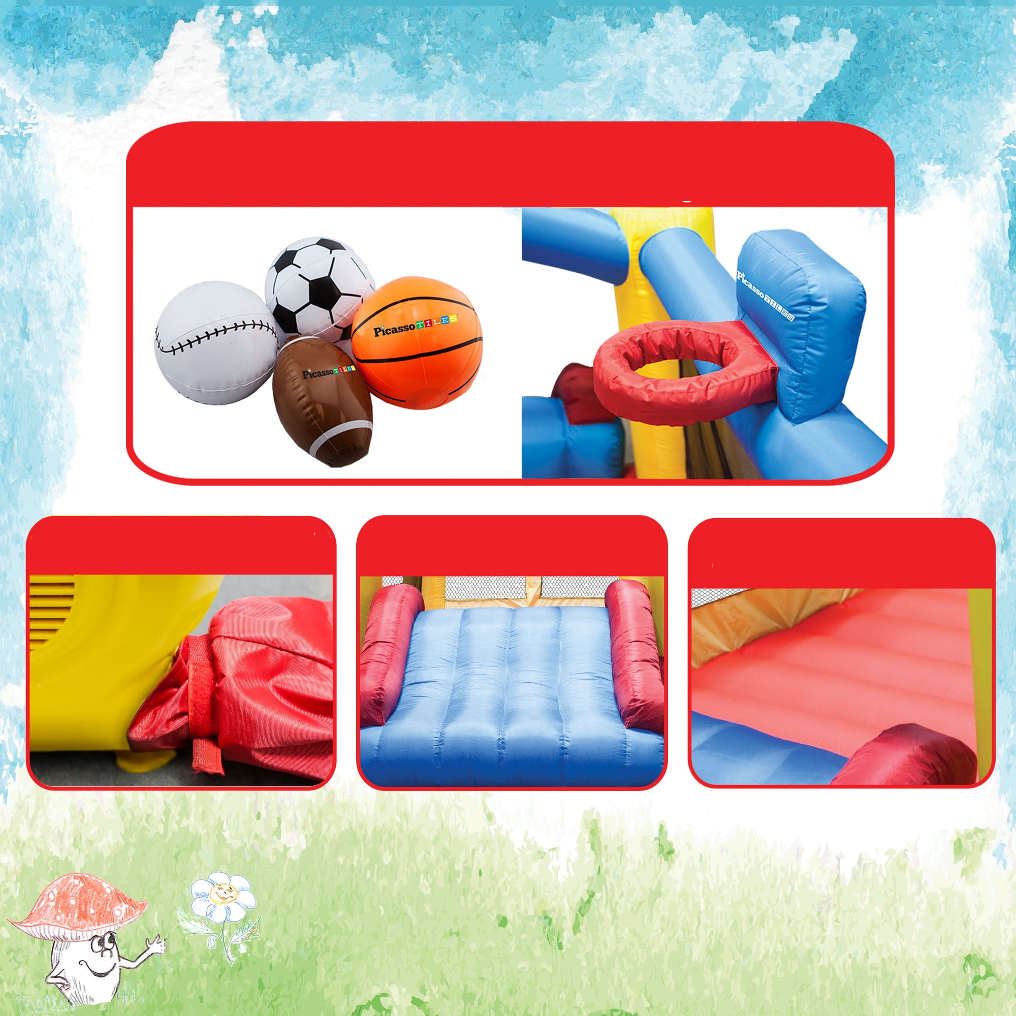 PICASSO-TILES Outdoor Inflatable Bouncer, Bounsing House, Jump Slide Dunk Playhouse with Basketball Rim, 4 Sports Balls, Full Size Entry, 580W ETL Certified Blower