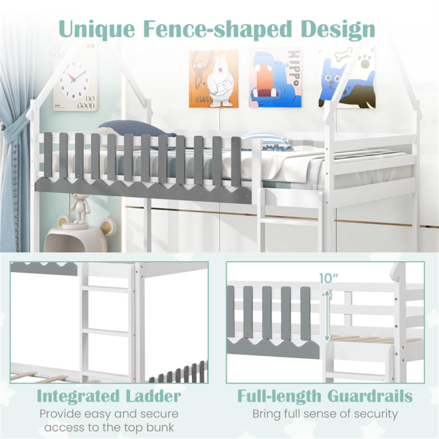 Demi Bonn Twin Over Twin Bunk Bed with Fence and Ladder, Twin Bunk Solid Wood Low Beds, Bed Frame, White
