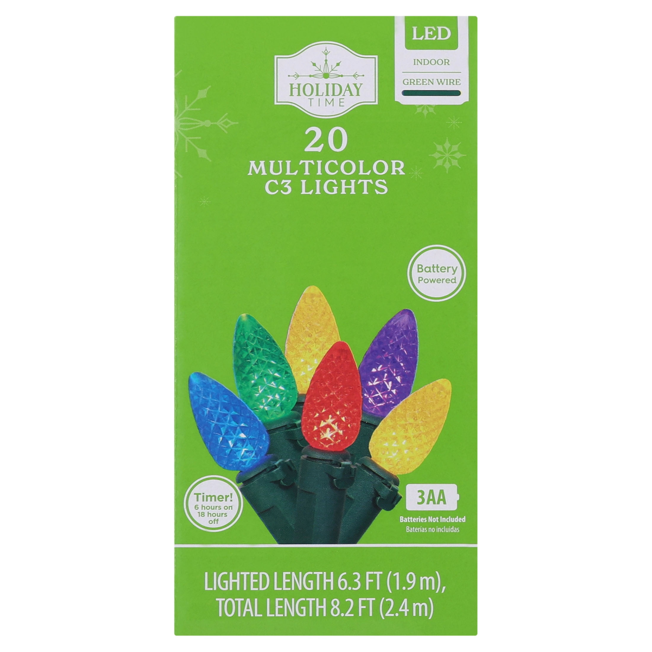 Indoor 20-Count Battery-Operated LED Diamond-Cut C3 Christmas String Lights, Multicolor, Green Wire, 6.33', by Holiday Time