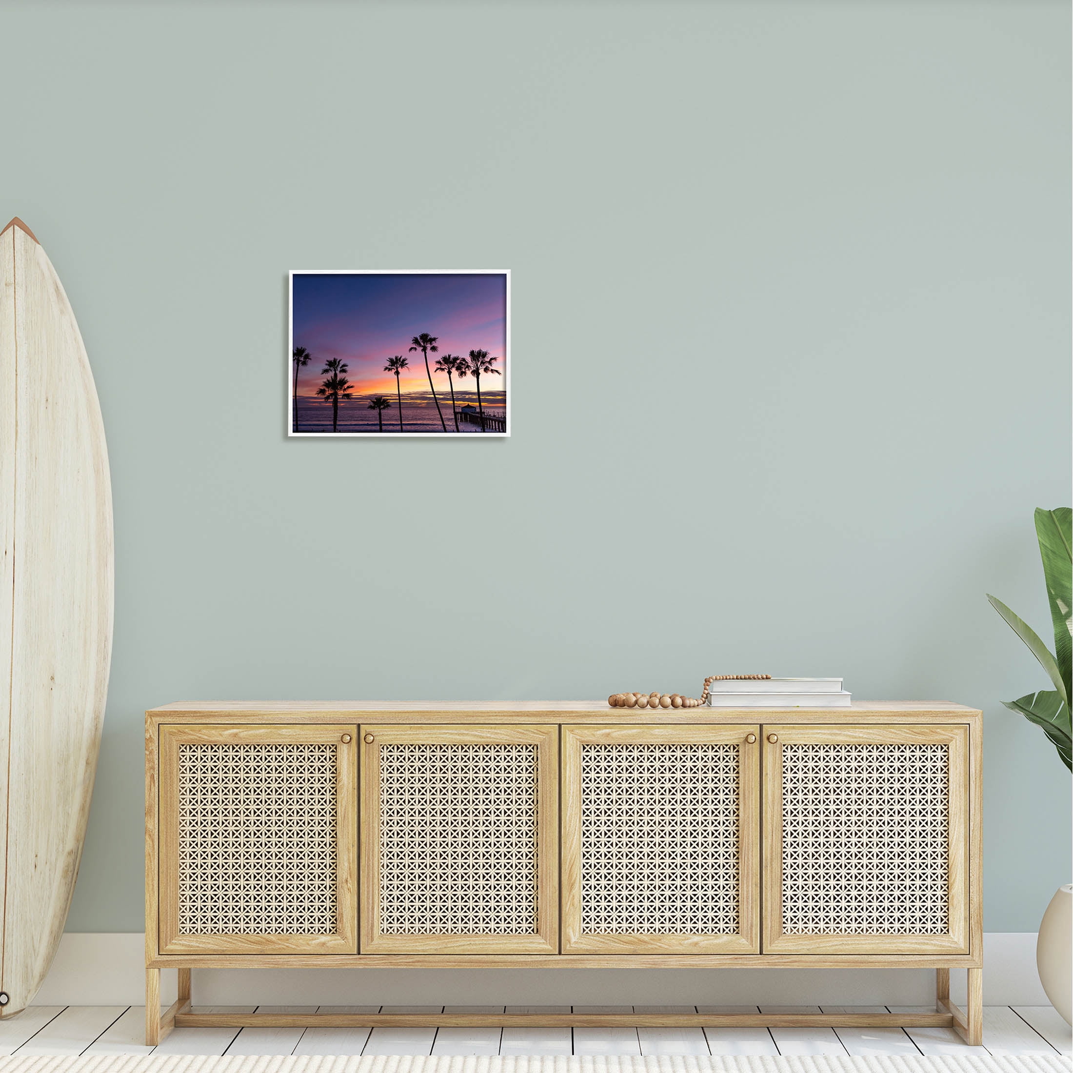 Vivid Sunset Palm Trees Horizon Coastal Photograph White Framed Art Print Wall Art