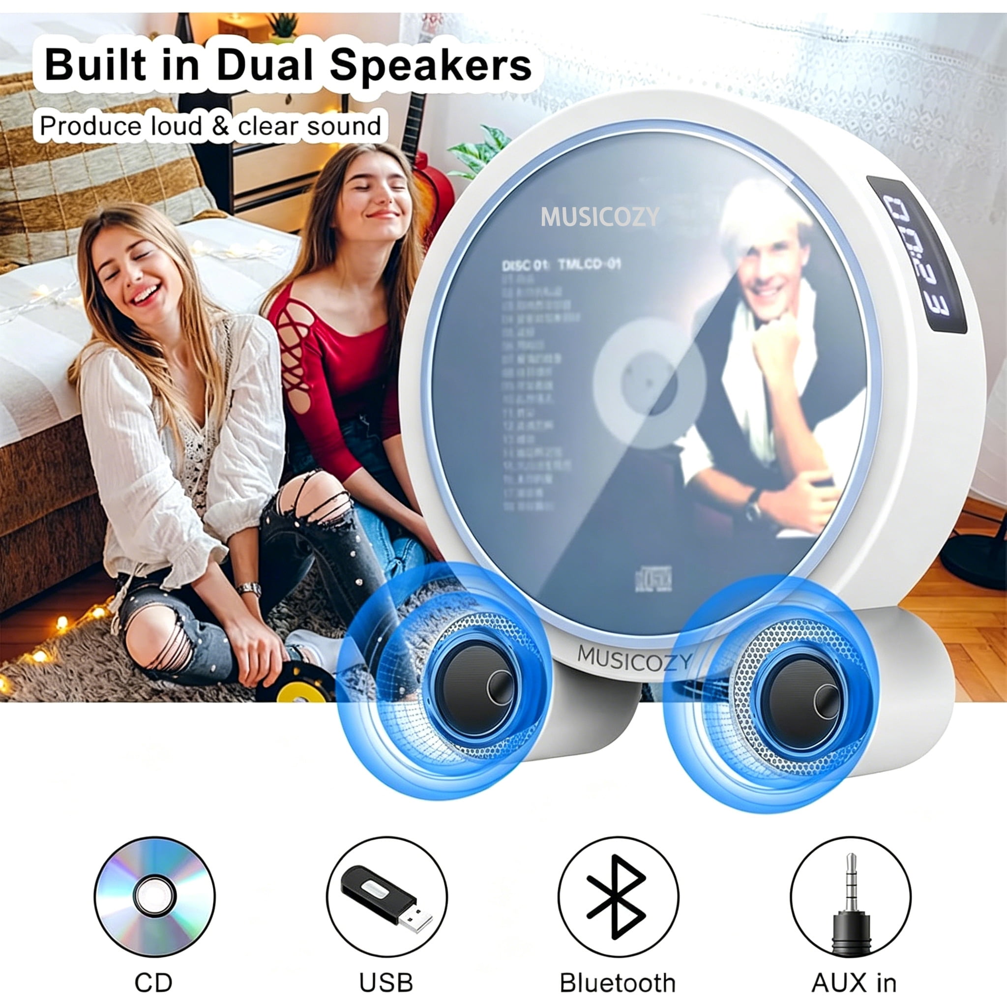 Portable Vertical CD Player with Bluetooth for Home with LCD Screen, Wireless Audio CD Player with Remote Control, Rechargeable Battery Built in HiFi Speakers Support Timed Music ON/Off FM USB SD