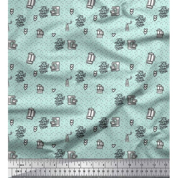 Soimoi Green Cotton Voile Fabric Its Always Coffee Time Text Fabric Prints By Yard 42 Inch Wide