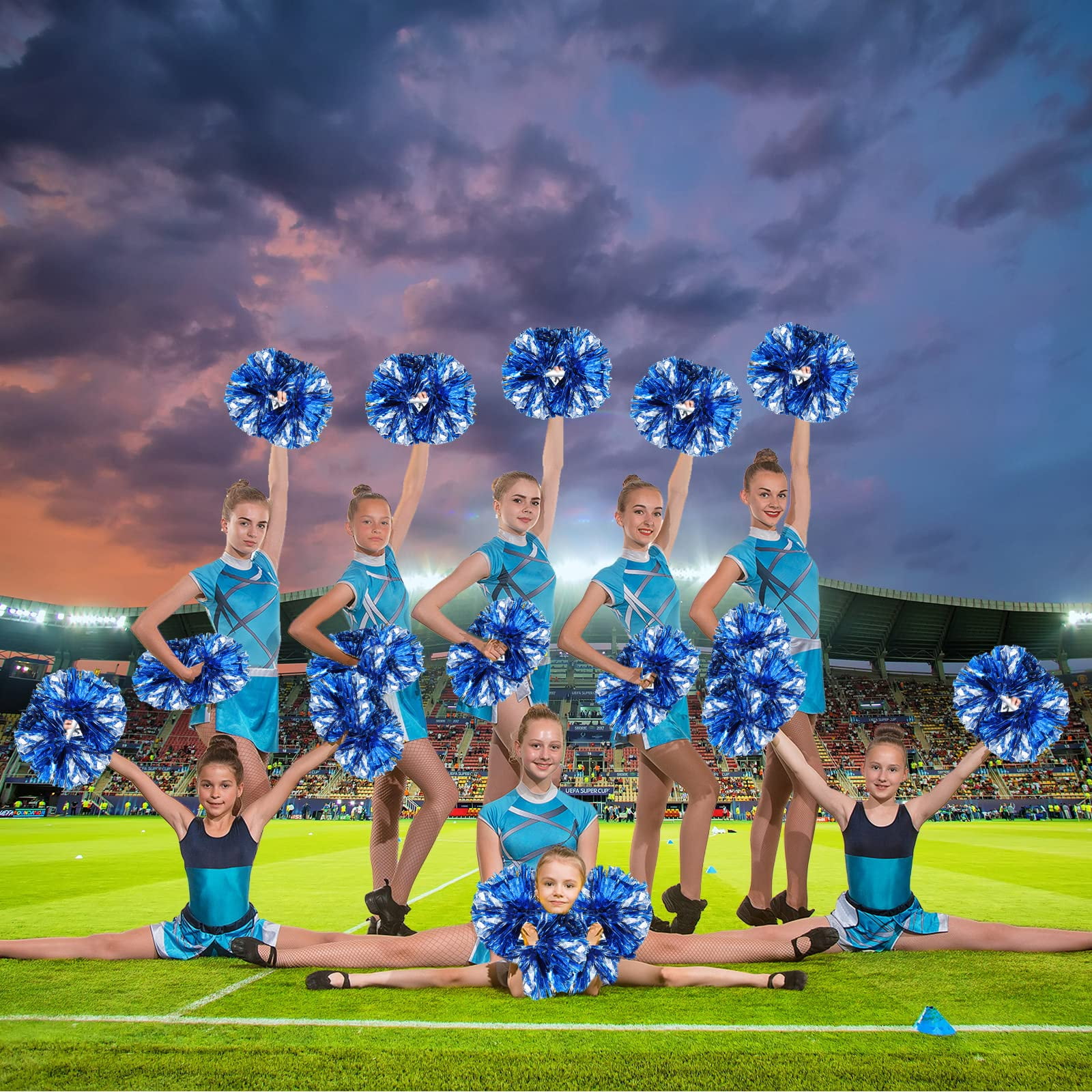 LINLIN 18 Pack Cheerleading Pom Poms with Plastic Handle ,Metallic Cheering Squad Pompoms for Team Sports Football Dance Cheering Kids Adults