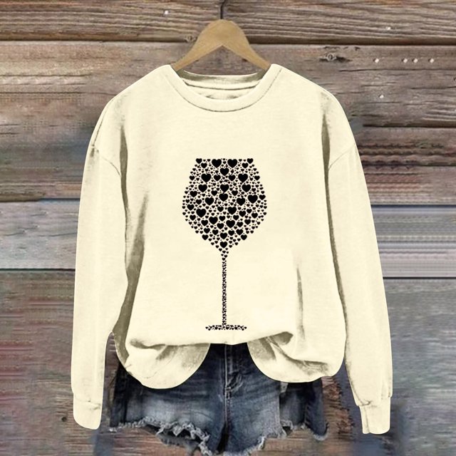 Pavied Chandails à Capuchon pour Femmes, Chandails à Capuchon Graphiques, Haut à Manches Longues Col Rond Imprimé Verre de Vin pour Femmes, Chandail en Molleton pour Femmes, Chandails en Molleton Col Rond, Pulls à Capuche pour Femmes, Beige m