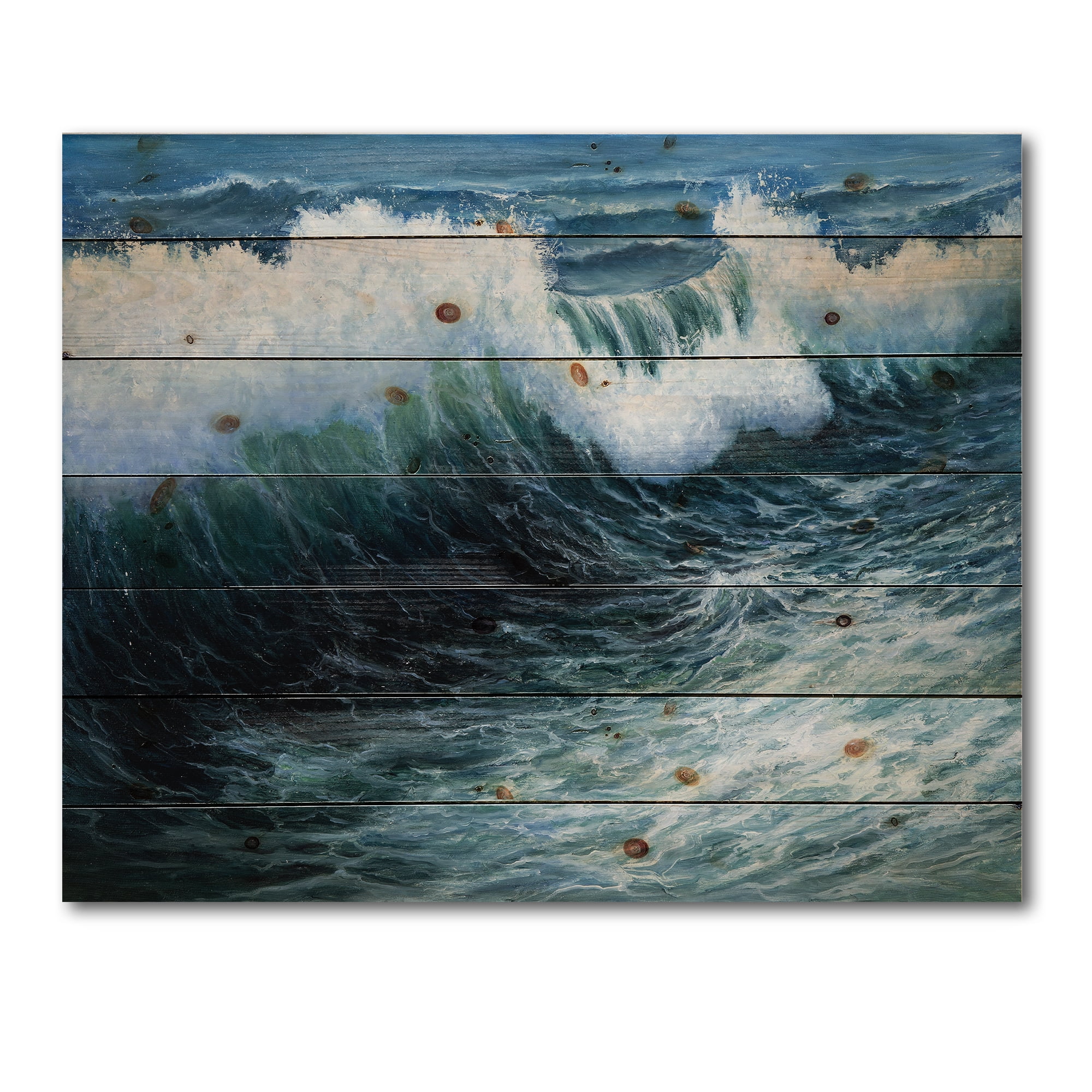 Designart 'The Ocean With Storm Waves' Nautical & Coastal Print on Natural Pine Wood