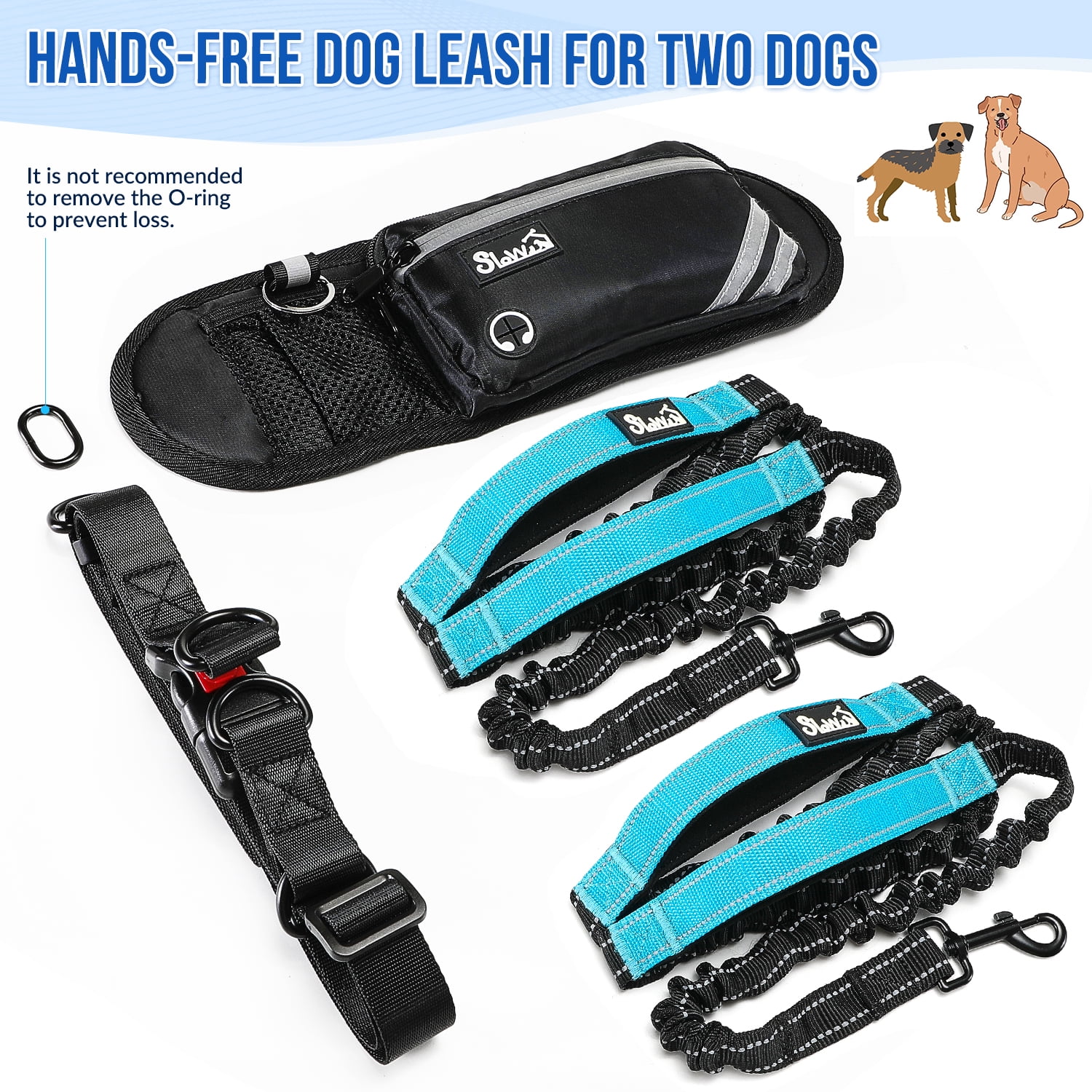 AUTOWT Hands Free Dog Leash with Dual Bungees for 2 Dogs, Adjustable Waist Belt Fanny Pack