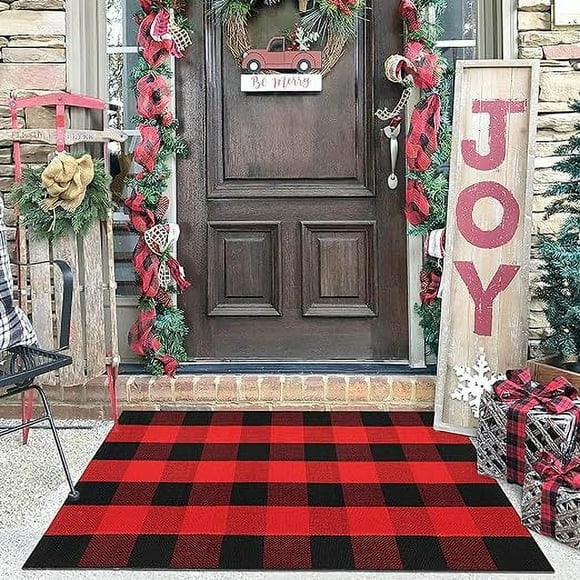 Plaid Rug Red and Black Small Checkered Rug Christmas Halloween Fall Door Mat Woven Cotton Washable Area Rugs Door Mat Outdoor Entrance for Front Porch Entryway
