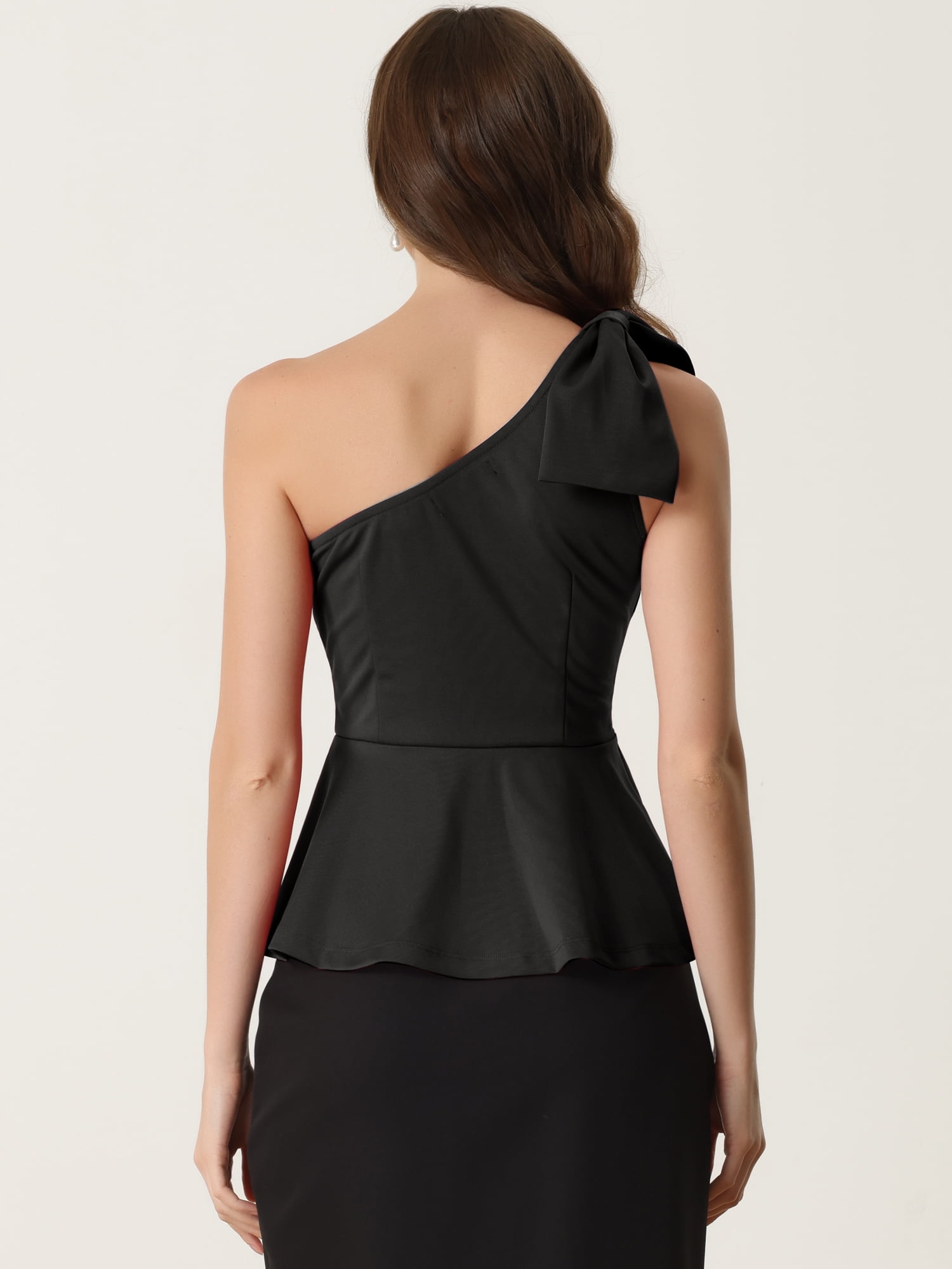 DARING DIVA Women's One Shoulder Top Bow Ruffled Peplum Top M Black
