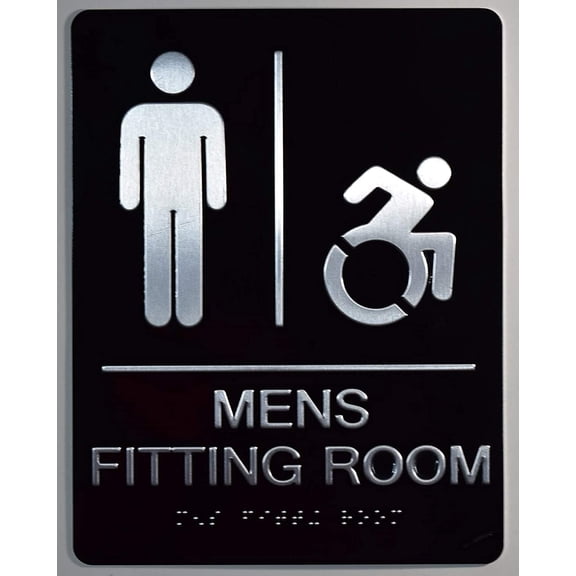 Men's accessible Fitting Room Sign with Tactile Text and Braille Sign -(Aluminium, Brush Silver,Size 6X9) The Sensation line(ref-2022-4)