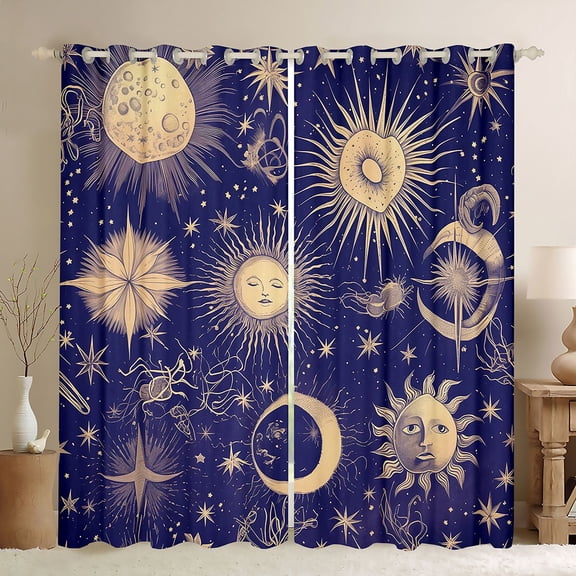 Feelyou Hippie Sun Moon Black Out Curtains, Mystic Western Constellation Curtains Pack of 2 (42x63 Each), Bohemian Stars Print Bedroom Curtains, Window Curtains Decor
